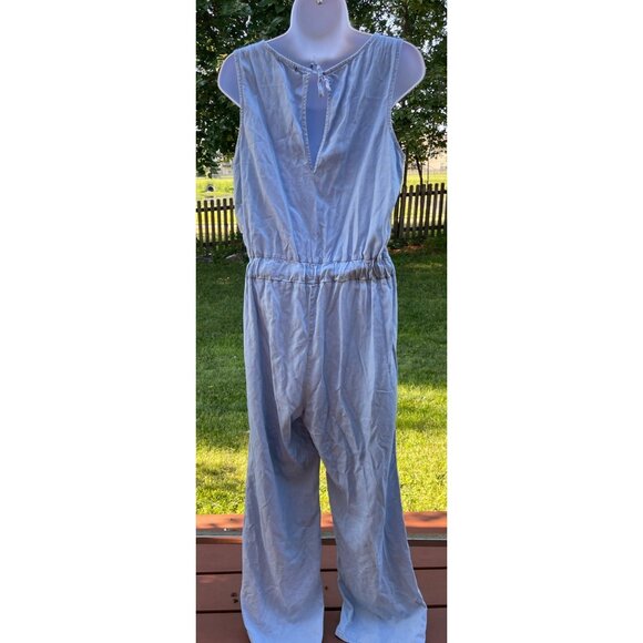 Demin Sleeveless Light Blue Jumpsuit With Adjustable Waist Tie & Wide Legs M - Picture 7 of 11